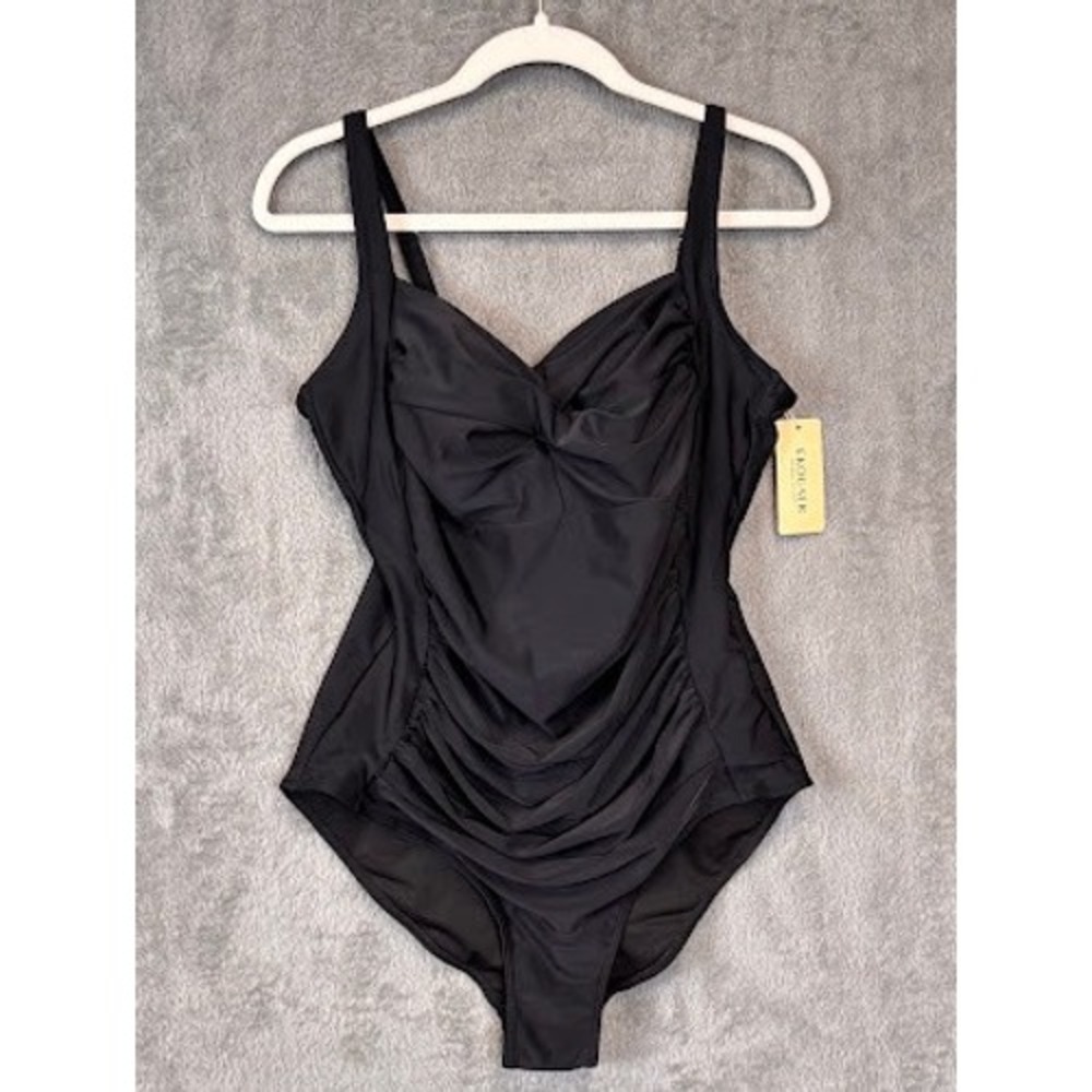 Ekouaer Womens One Piece‎ Swimsuit Black Ruched Tummy Control Sweetheart XL NWT